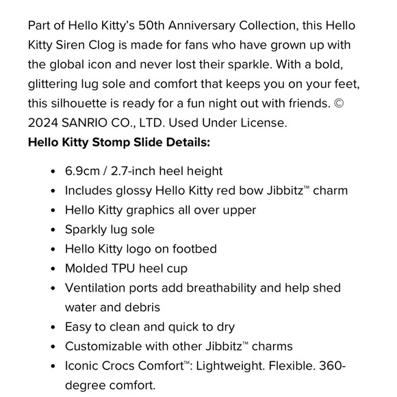 Hello Kitty Stomp Slide Clog 50th Anniversary Crocs NWT size 8 - Picture 8 of 9